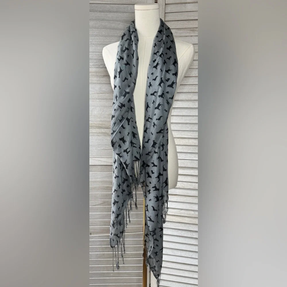 Dog Speak Gray Scarf Black Dog Print Fringe Wrap OS Cute Cozy Gift Trendy